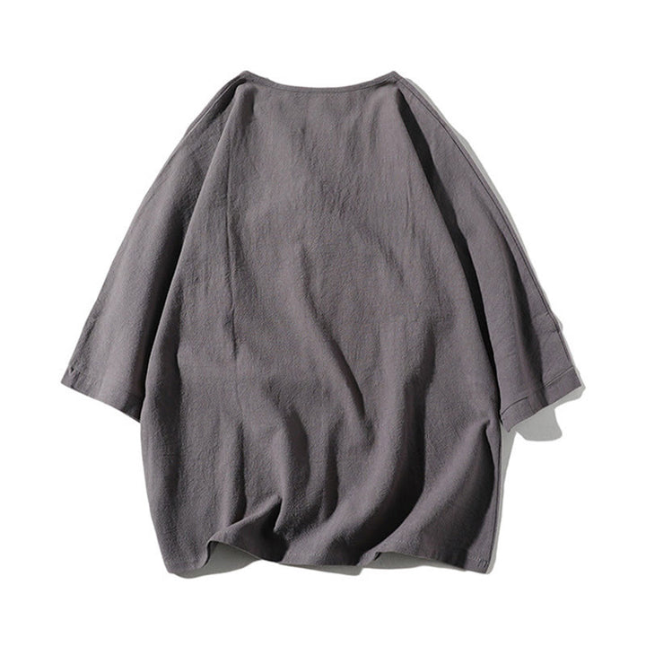 Buddha Stones 2点セット 無地 ノッチカラー Tシャツ 7-8丈 ワイドレッグショーツ ポケット付き コットンリネン メンズ 瞑想用クロスセット