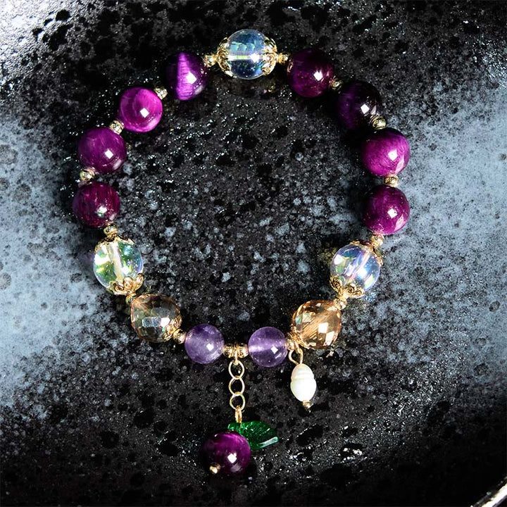 Buddha Stones天然レッドタイガーアイパープルタイガーアイビーズグリーンリーフプロテクションブレスレット