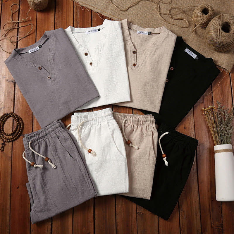 Buddha Stones 2点セット 無地 ノッチカラー 半袖 Tシャツ ショートパンツ ポケット付き コットンリネン メンズ 瞑想用クロスセット - image 19