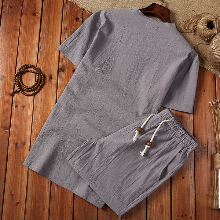 Buddha Stones 2点セット 無地 ノッチカラー 半袖 Tシャツ ショートパンツ ポケット付き コットンリネン メンズ 瞑想用クロスセット - image 8