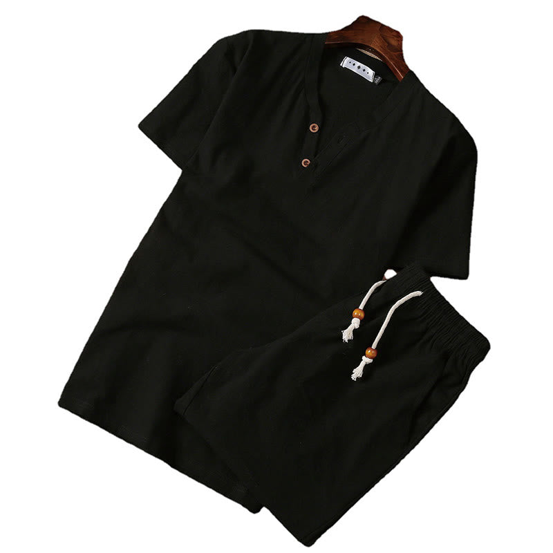 Buddha Stones 2点セット 無地 ノッチカラー 半袖 Tシャツ ショートパンツ ポケット付き コットンリネン メンズ 瞑想用クロスセット - image 6