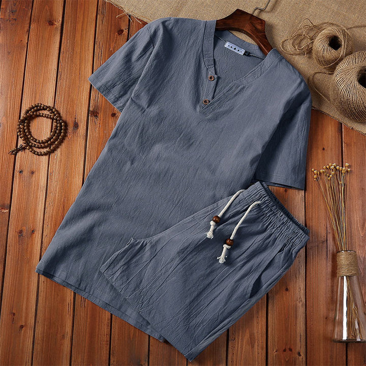 Buddha Stones 2点セット 無地 ノッチカラー 半袖 Tシャツ ショートパンツ ポケット付き コットンリネン メンズ 瞑想用クロスセット - スレートグレー - US/UK/AU46、 EU56 (5XL) - image 7