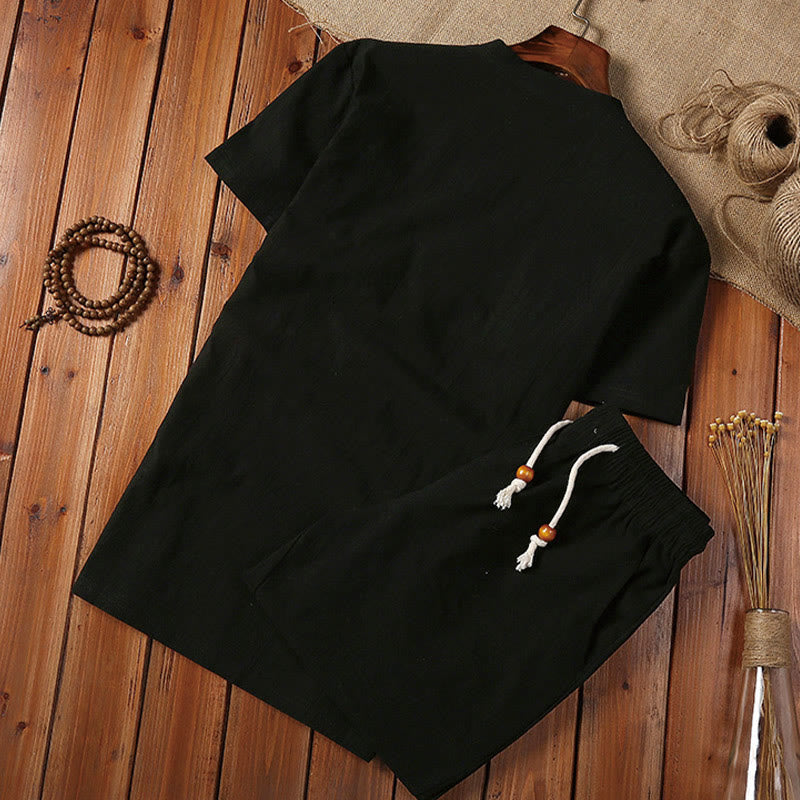 Buddha Stones 2点セット 無地 ノッチカラー 半袖 Tシャツ ショートパンツ ポケット付き コットンリネン メンズ 瞑想用クロスセット - image 5
