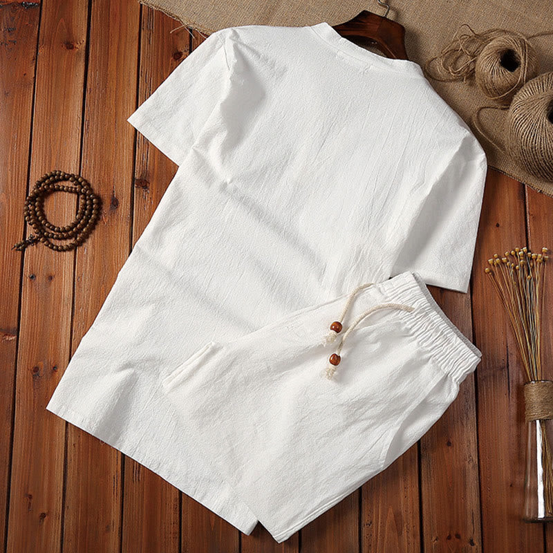 Buddha Stones夏 カジュアル 2点セット 無地 ノッチカラー Tシャツ ドローストリングショーツ ポケット付き コットンリネン メンズ 瞑想用ウェアセット
