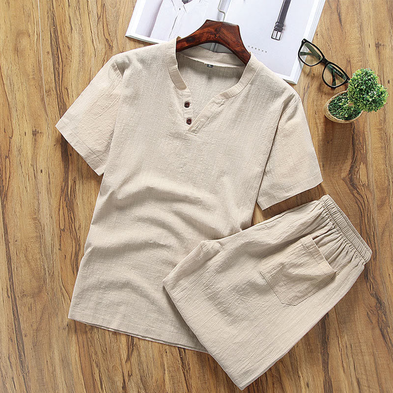 Buddha Stonesカジュアル 2点セット 無地Tシャツ＆ショートパンツ ポケット付き コットンリネン メンズ瞑想服セット - ペールゴールデンロッド - US/UK/AU46、 EU56 (5XL) - image 0