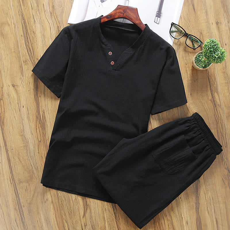 Buddha Stonesカジュアル 2点セット 無地Tシャツ＆ショートパンツ ポケット付き コットンリネン メンズ瞑想服セット - 黒 - US/UK/AU46、 EU56 (5XL) - image 7
