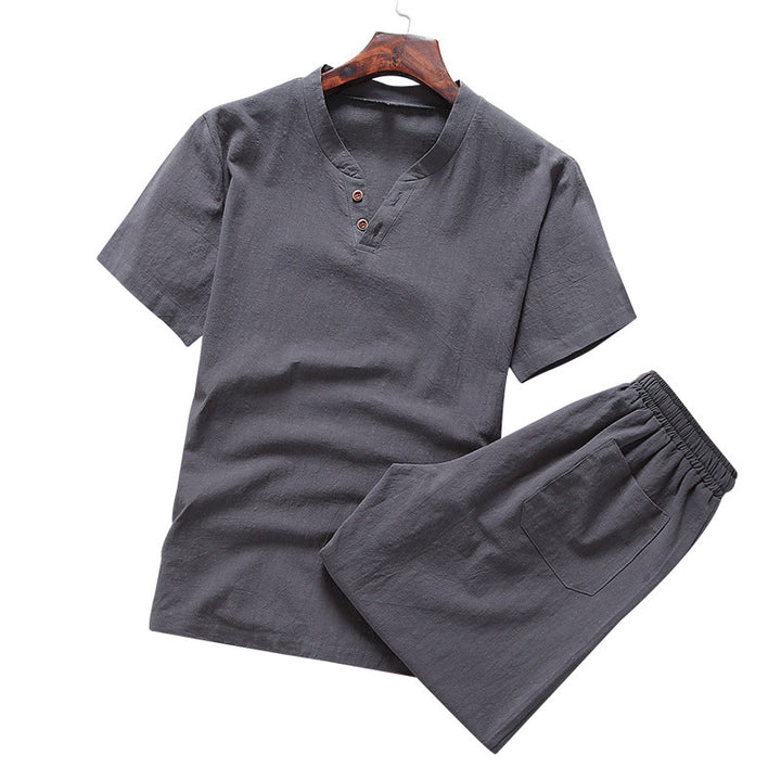 Buddha Stonesカジュアル 2点セット 無地Tシャツ＆ショートパンツ ポケット付き コットンリネン メンズ瞑想服セット - image 6