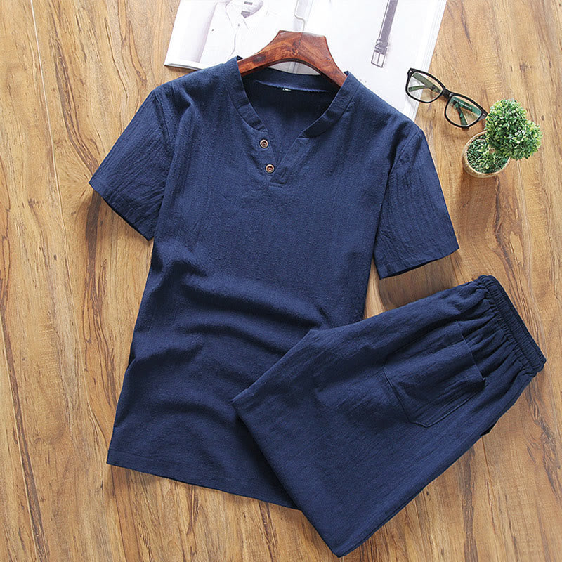 Buddha Stonesカジュアル 2点セット 無地Tシャツ＆ショートパンツ ポケット付き コットンリネン メンズ瞑想服セット - ミッドナイトブルー - US/UK/AU46、 EU56 (5XL) - image 8