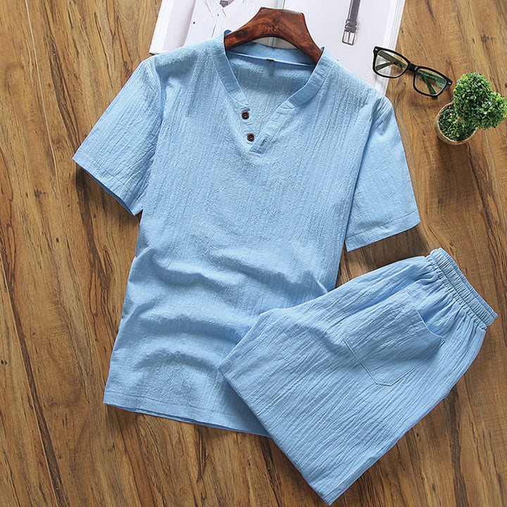 Buddha Stonesカジュアル 2点セット 無地Tシャツ＆ショートパンツ ポケット付き コットンリネン メンズ瞑想服セット - ディープスカイブルー - US/UK/AU46、 EU56 (5XL) - image 9