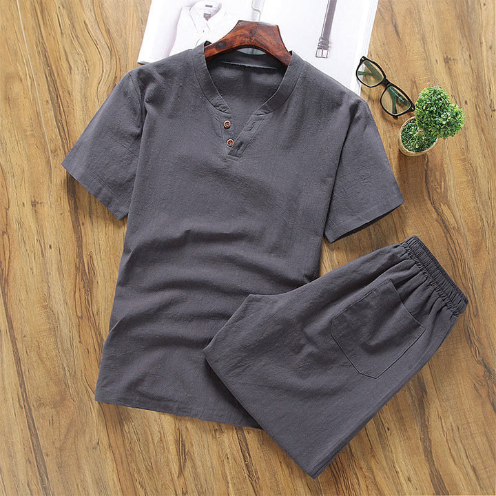 Buddha Stonesカジュアル 2点セット 無地Tシャツ＆ショートパンツ ポケット付き コットンリネン メンズ瞑想服セット - 薄暗い灰色 - US/UK/AU46、 EU56 (5XL) - image 5