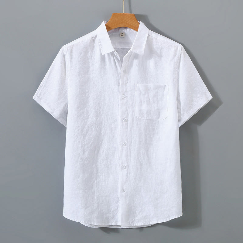 Buddha Stones夏カジュアル 純色ボタン コットン メンズ 半袖シャツ ポケット付き - 白 - US/UK/AU44、 EU54 (4XL) - image 5