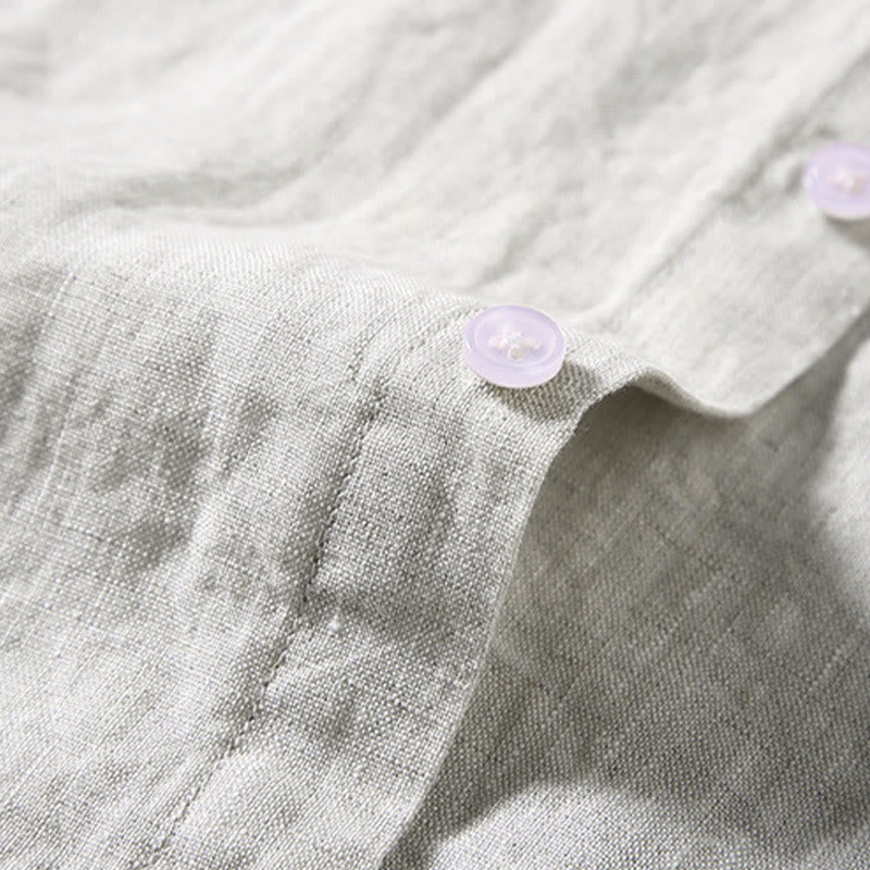 Buddha Stones夏カジュアル 純色ボタン コットン メンズ 半袖シャツ ポケット付き - image 1