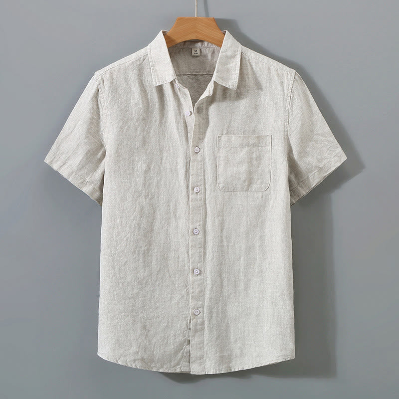 Buddha Stones夏カジュアル 純色ボタン コットン メンズ 半袖シャツ ポケット付き - リネン - US/UK/AU42、EU52（4XL） - image 0