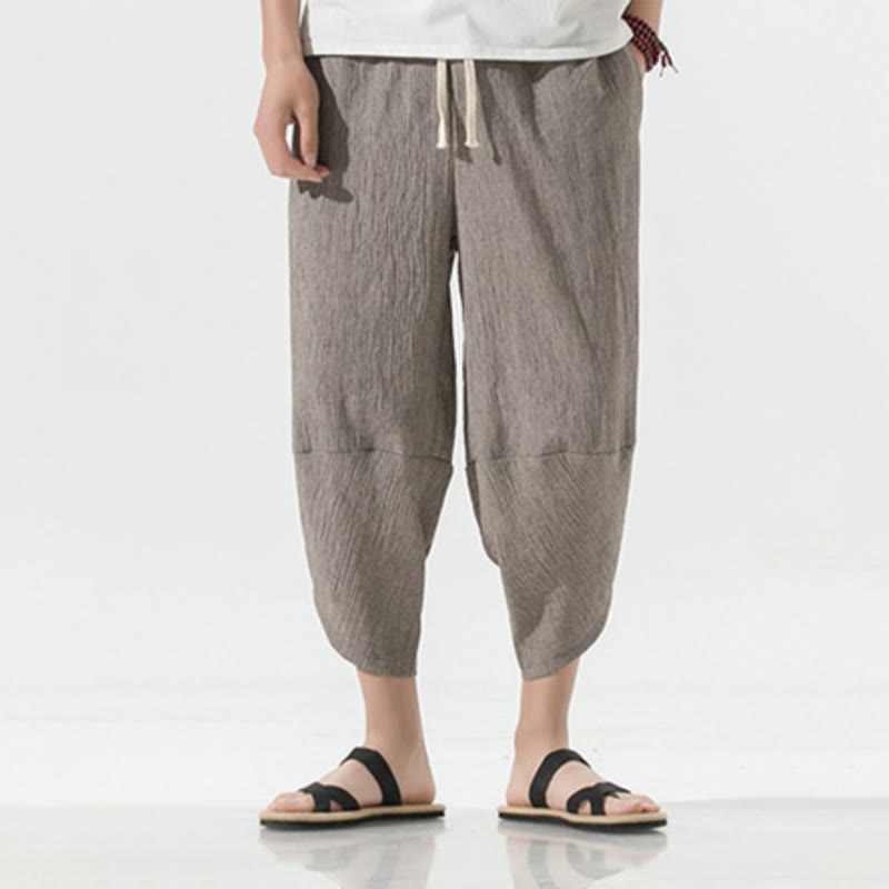Buddha Stones無地 シンプルデザイン ドローストリング 7-8丈 リネン メンズ ハーレムパンツ ポケット付き