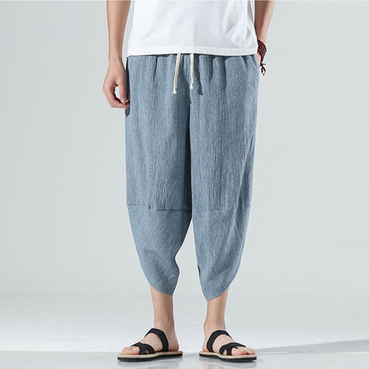 Buddha Stones無地 シンプルデザイン ドローストリング 7-8丈 リネン メンズ ハーレムパンツ ポケット付き