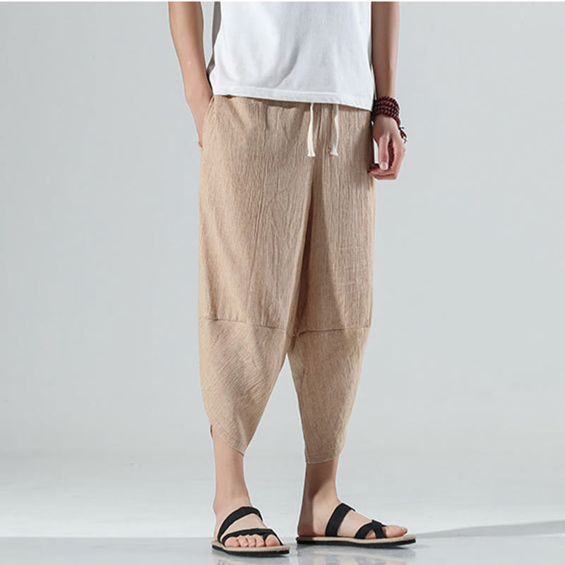 Buddha Stones無地 シンプルデザイン ドローストリング 7-8丈 リネン メンズ ハーレムパンツ ポケット付き - image 32