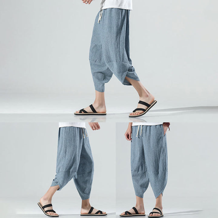Buddha Stones無地 シンプルデザイン ドローストリング 7-8丈 リネン メンズ ハーレムパンツ ポケット付き