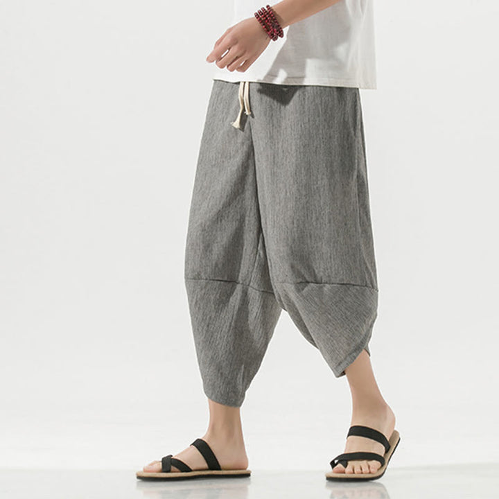 Buddha Stones無地 シンプルデザイン ドローストリング 7-8丈 リネン メンズ ハーレムパンツ ポケット付き - image 4