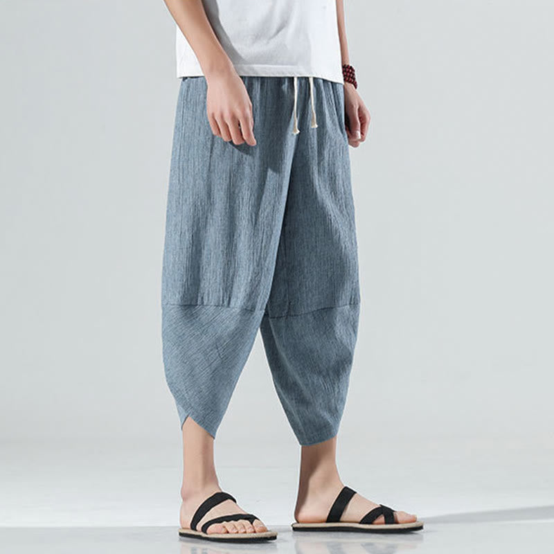Buddha Stones無地 シンプルデザイン ドローストリング 7-8丈 リネン メンズ ハーレムパンツ ポケット付き