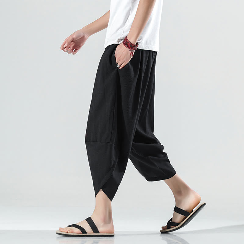 Buddha Stones無地 シンプルデザイン ドローストリング 7-8丈 リネン メンズ ハーレムパンツ ポケット付き