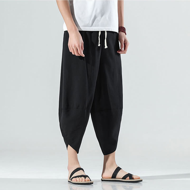 Buddha Stones無地 シンプルデザイン ドローストリング 7-8丈 リネン メンズ ハーレムパンツ ポケット付き