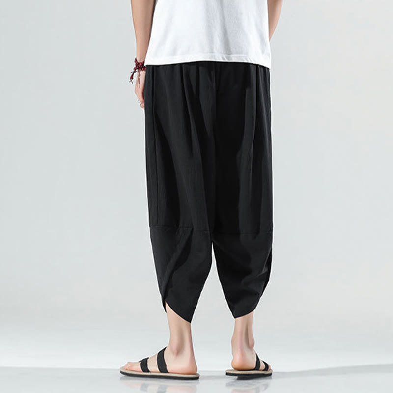 Buddha Stones無地 シンプルデザイン ドローストリング 7-8丈 リネン メンズ ハーレムパンツ ポケット付き