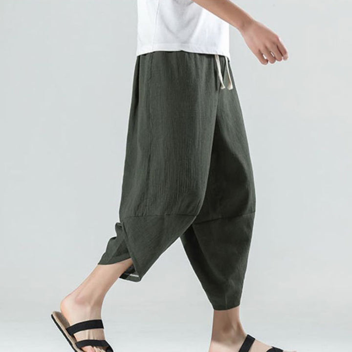 Buddha Stones無地 シンプルデザイン ドローストリング 7-8丈 リネン メンズ ハーレムパンツ ポケット付き