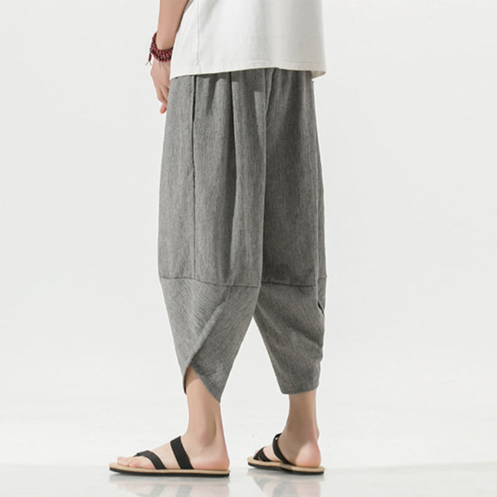 Buddha Stones無地 シンプルデザイン ドローストリング 7-8丈 リネン メンズ ハーレムパンツ ポケット付き - image 3