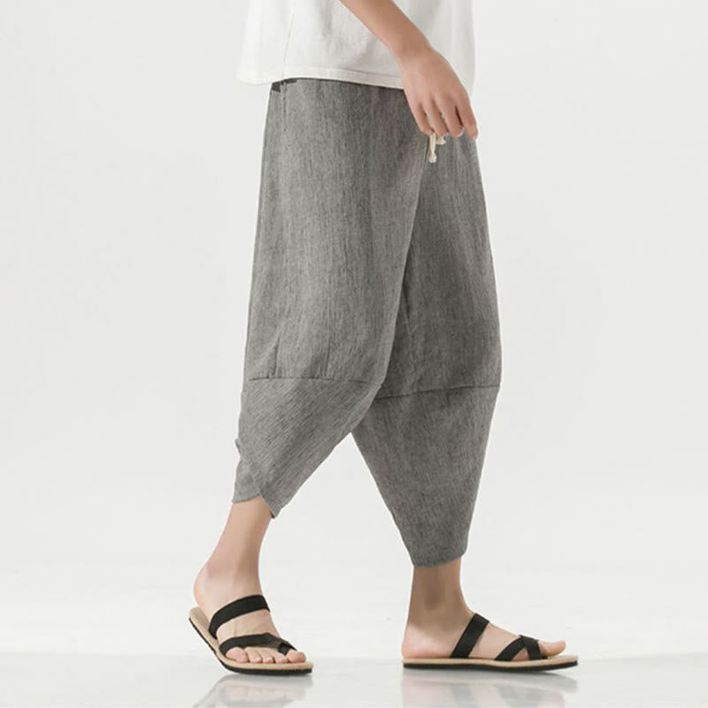 Buddha Stones無地 シンプルデザイン ドローストリング 7-8丈 リネン メンズ ハーレムパンツ ポケット付き - image 2
