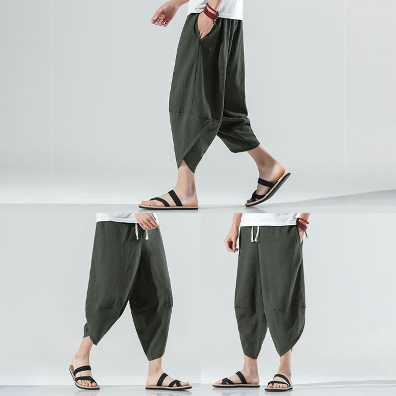 Buddha Stones無地 シンプルデザイン ドローストリング 7-8丈 リネン メンズ ハーレムパンツ ポケット付き