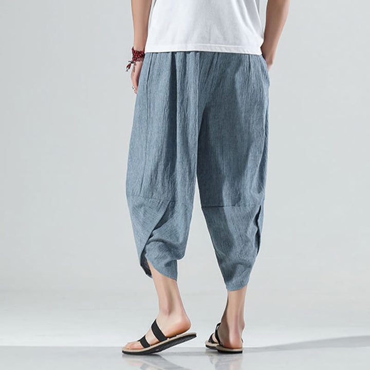 Buddha Stones無地 シンプルデザイン ドローストリング 7-8丈 リネン メンズ ハーレムパンツ ポケット付き