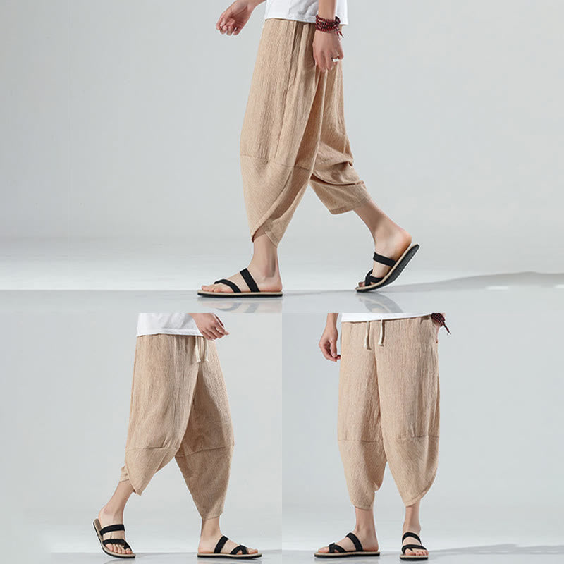 Buddha Stones無地 シンプルデザイン ドローストリング 7-8丈 リネン メンズ ハーレムパンツ ポケット付き