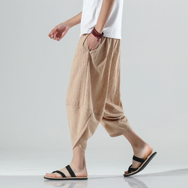 Buddha Stones無地 シンプルデザイン ドローストリング 7-8丈 リネン メンズ ハーレムパンツ ポケット付き