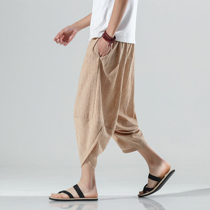 Buddha Stones無地 シンプルデザイン ドローストリング 7-8丈 リネン メンズ ハーレムパンツ ポケット付き