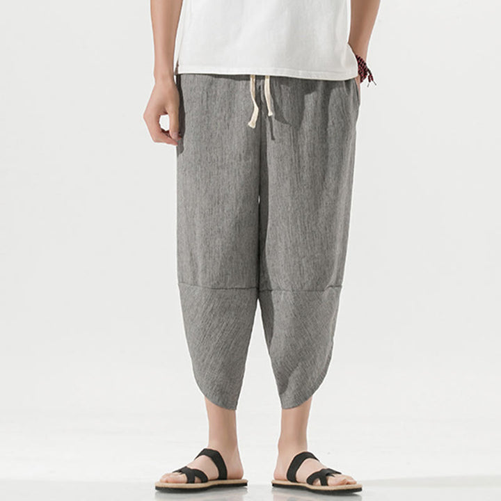 Buddha Stones無地 シンプルデザイン ドローストリング 7-8丈 リネン メンズ ハーレムパンツ ポケット付き - image 1
