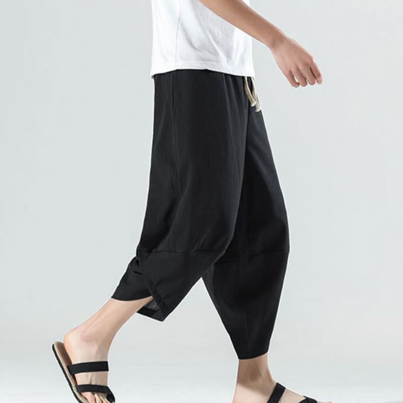 Buddha Stones無地 シンプルデザイン ドローストリング 7-8丈 リネン メンズ ハーレムパンツ ポケット付き