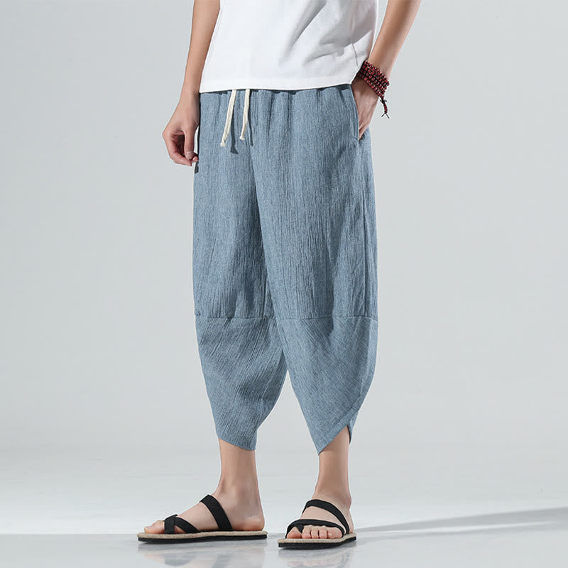 Buddha Stones無地 シンプルデザイン ドローストリング 7-8丈 リネン メンズ ハーレムパンツ ポケット付き
