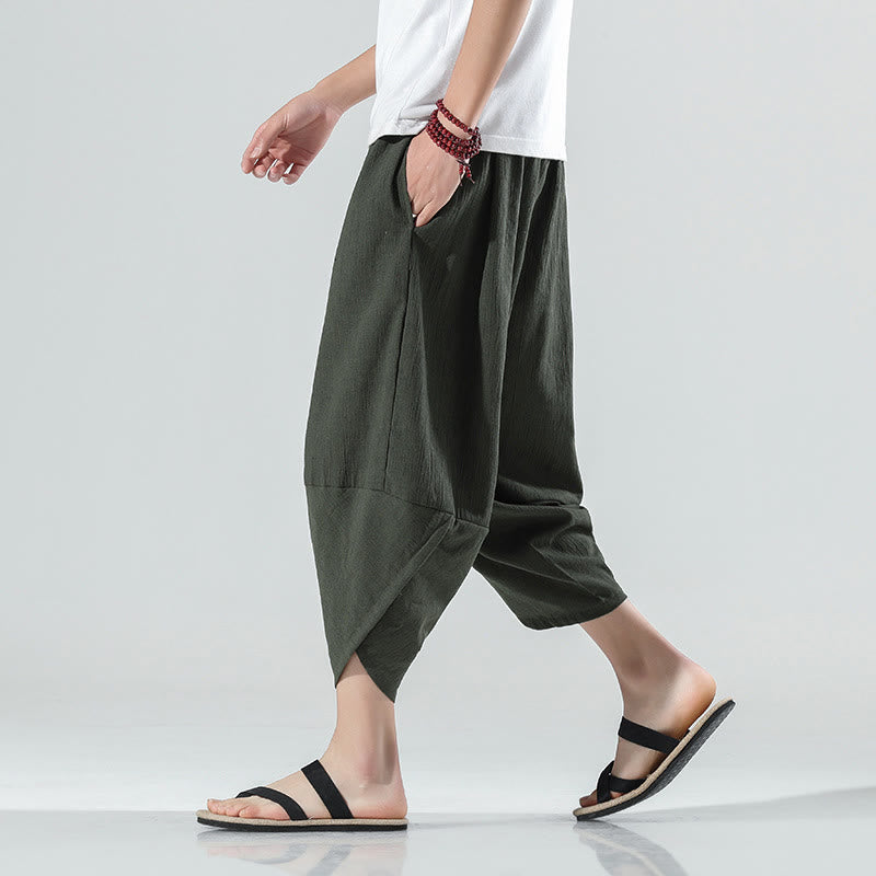 Buddha Stones無地 シンプルデザイン ドローストリング 7-8丈 リネン メンズ ハーレムパンツ ポケット付き