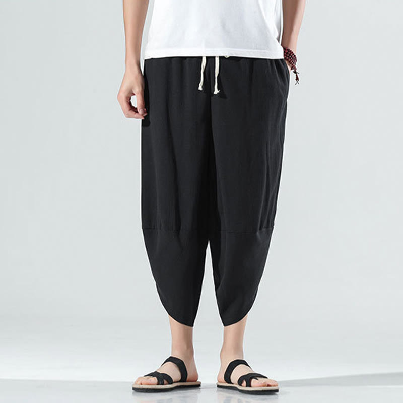 Buddha Stones無地 シンプルデザイン ドローストリング 7-8丈 リネン メンズ ハーレムパンツ ポケット付き