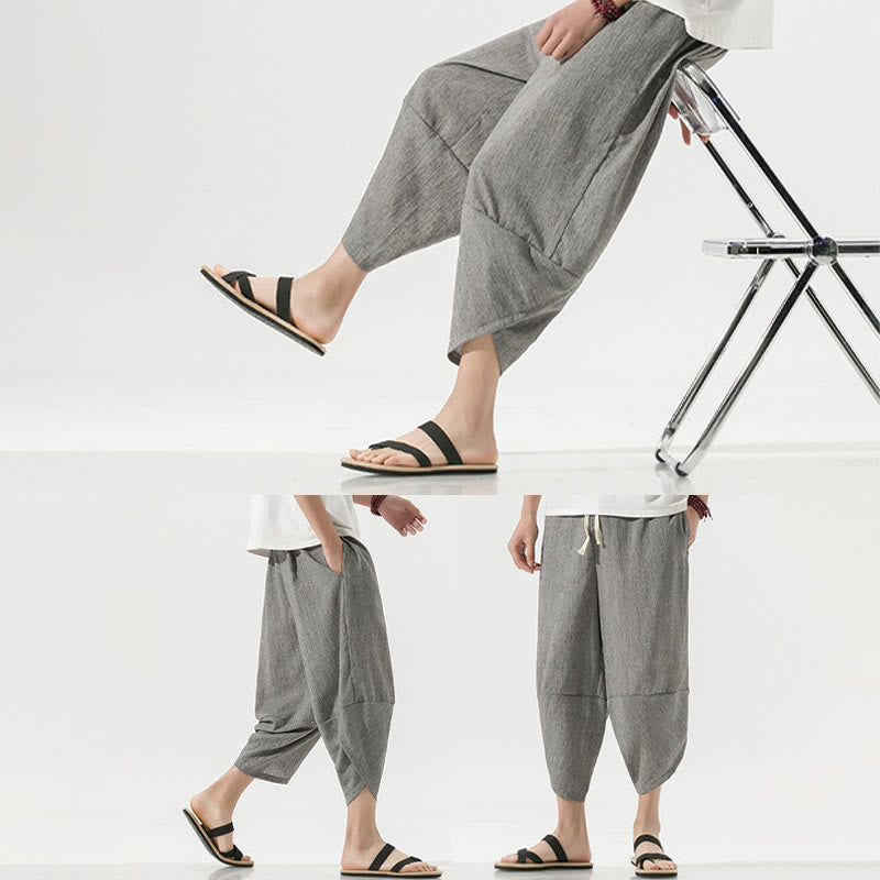 Buddha Stones無地 シンプルデザイン ドローストリング 7-8丈 リネン メンズ ハーレムパンツ ポケット付き - image 5