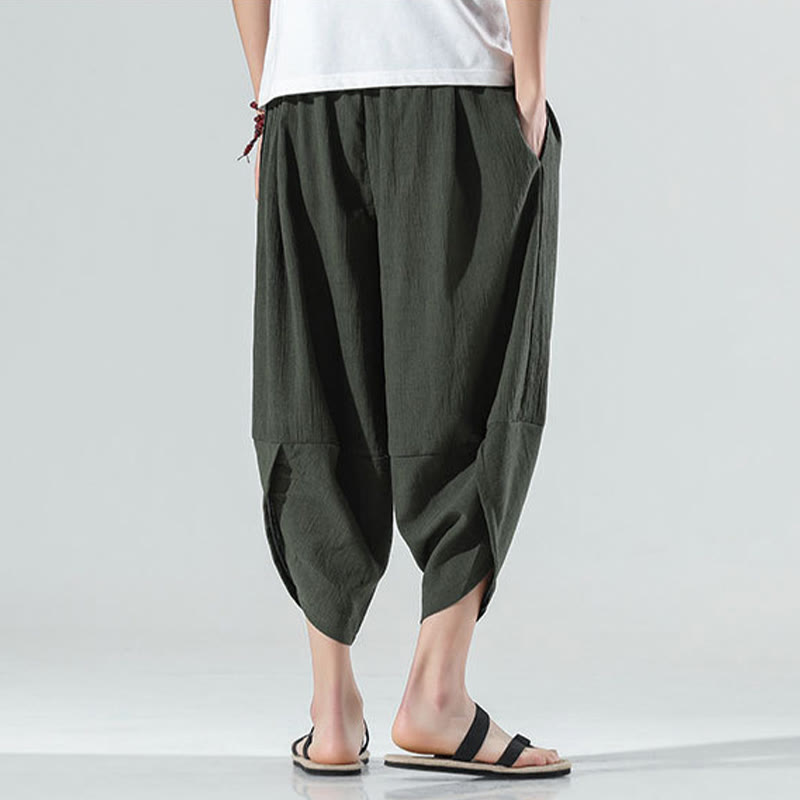 Buddha Stones無地 シンプルデザイン ドローストリング 7-8丈 リネン メンズ ハーレムパンツ ポケット付き