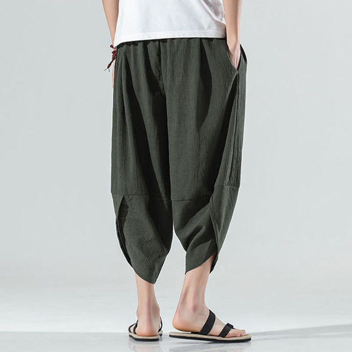 Buddha Stones無地 シンプルデザイン ドローストリング 7-8丈 リネン メンズ ハーレムパンツ ポケット付き