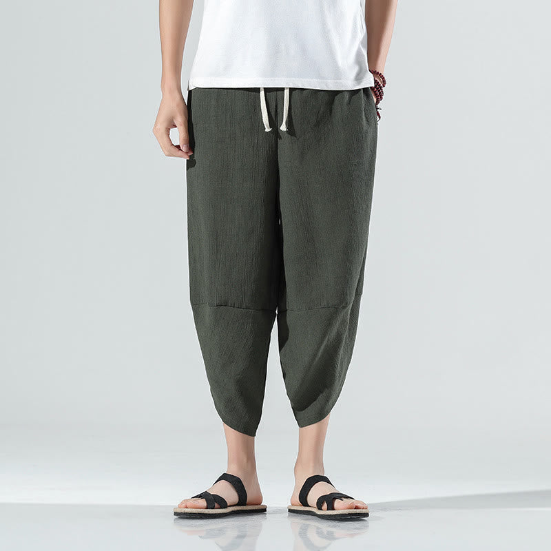 Buddha Stones無地 シンプルデザイン ドローストリング 7-8丈 リネン メンズ ハーレムパンツ ポケット付き