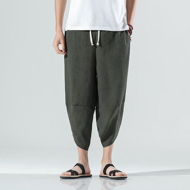 Buddha Stones無地 シンプルデザイン ドローストリング 7-8丈 リネン メンズ ハーレムパンツ ポケット付き