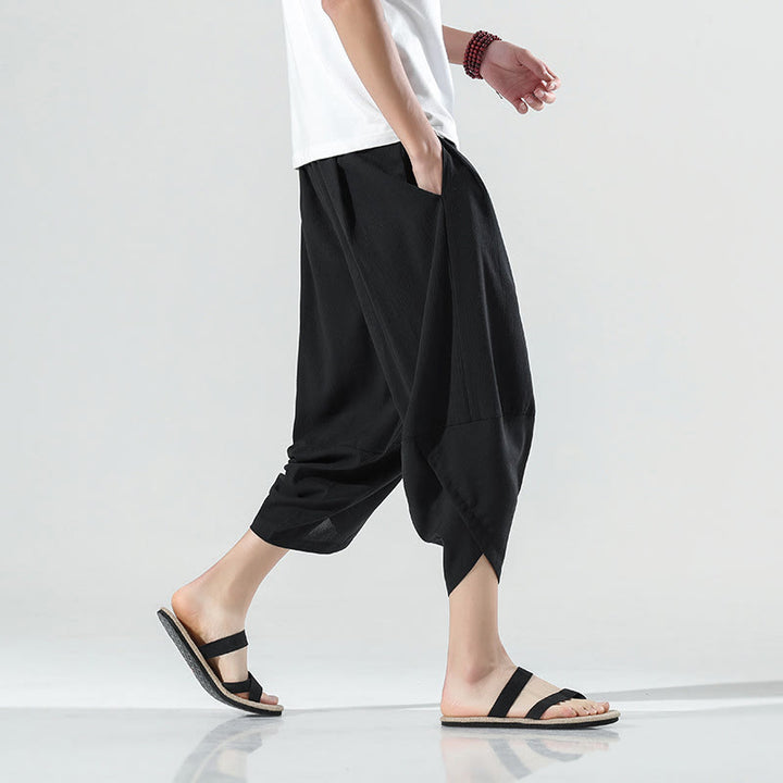 Buddha Stones無地 シンプルデザイン ドローストリング 7-8丈 リネン メンズ ハーレムパンツ ポケット付き