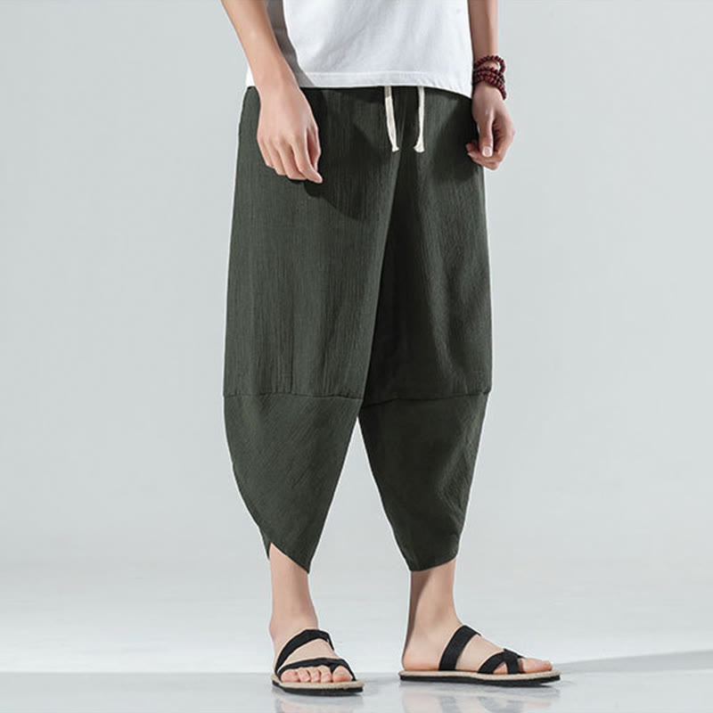 Buddha Stones無地 シンプルデザイン ドローストリング 7-8丈 リネン メンズ ハーレムパンツ ポケット付き