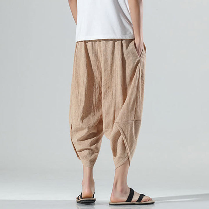 Buddha Stones無地 シンプルデザイン ドローストリング 7-8丈 リネン メンズ ハーレムパンツ ポケット付き