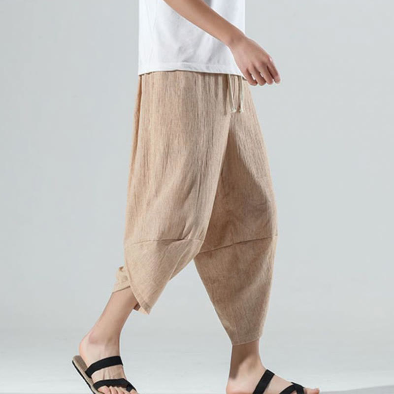 Buddha Stones無地 シンプルデザイン ドローストリング 7-8丈 リネン メンズ ハーレムパンツ ポケット付き - image 30