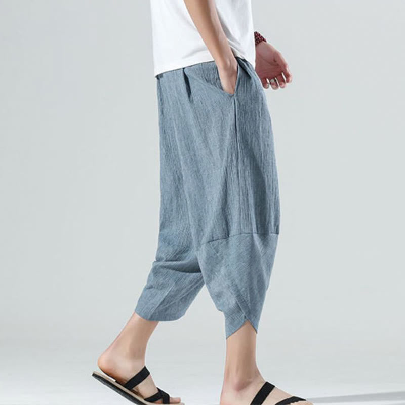 Buddha Stones無地 シンプルデザイン ドローストリング 7-8丈 リネン メンズ ハーレムパンツ ポケット付き