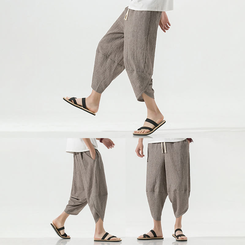 Buddha Stones無地 シンプルデザイン ドローストリング 7-8丈 リネン メンズ ハーレムパンツ ポケット付き